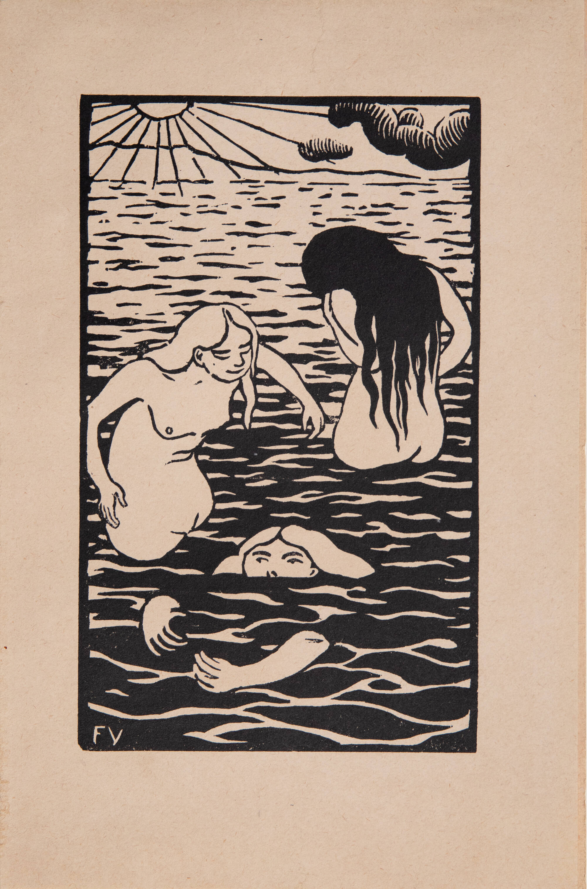 Black and white print of three women bathing in water with small waves.